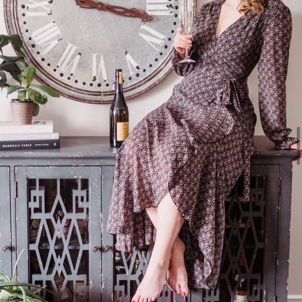 Black dress with floral pattern, wrap style with large slit from Simons